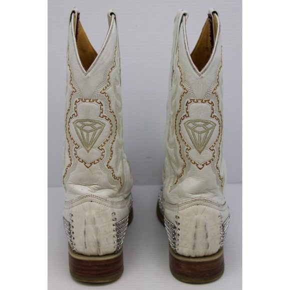 Vintage Mens White Diamond Crocodile Leather Sequin Stitched Cowboy Boots Sz 6.5 main image 4